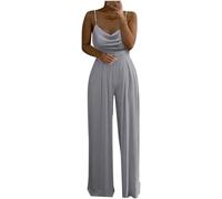 Goolecrimp Damen Mode Sexy Sommer Künstliche Perle Halter Jumpsuit Solide Farbe Elegant Business Casual Party Hochzeit Gast Jumpsuit (Grau,XL)
