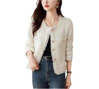 Goolecrimp Damen Vintage Tweed Mantel Rundkragen Schlanke Kurze Jacke Mit Edler Taschen Slim Fit Für Arbeit Und Büro Kragenloser Kurzblazer (Aprikose,M)