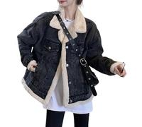 Goolecrimp Damen Winter Wendbare Warme Jeansjacke Mit Sherpa-Pelzkragen Gepolsterter Verdickter Jeansmantel Langarm Warmer Kragen Knopf Fleecemantel (Schwarz,S)