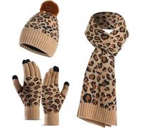 Goolecrimp Damen Wintermütze Schal Handschuhe 3 in 1 Set Mode lässig warm verdickt Leopard stricken Hut lange Schal Touchscreen Handschuhe 3 Stück Set (Khaki,Einheitsgröße)