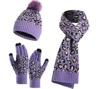 Goolecrimp Damen Wintermütze Schal Handschuhe 3 in 1 Set Mode lässig warm verdickt Leopard stricken Hut lange Schal Touchscreen Handschuhe 3 Stück Set (Lila,Einheitsgröße)