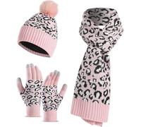 Goolecrimp Damen Wintermütze Schal Handschuhe 3 in 1 Set Mode lässig warm verdickt Leopard stricken Hut lange Schal Touchscreen Handschuhe 3 Stück Set (Rosa,Einheitsgröße)