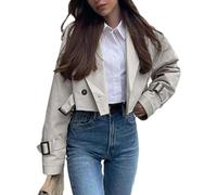 Goolecrimp Kurzer Damen Trenchcoat klassisch vielseitig Frühling und Herbst Trenchcoat modisch und elegant Business Casual Trend Trenchcoat (Beige-Grau,XL)