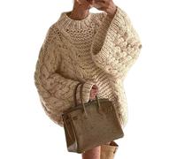 Goolecrimp Übergroßer Strickpullover für Damen im Y2K Stil Langärmliger Rundhalsausschnitt lockerer ausgestellter Ärmel modischer Pullover Lässiger Trendiger Pullover in Volltonfarbe (Beige,M)