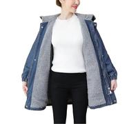 Goolecrimp Warme verdickte mit Fleece gefütterte Kapuzen-Jeansjacke für Damen im Winter taillierter mittellanger mit Fleece gefütterter Jeansmantel mit Kapuze in Übergröße