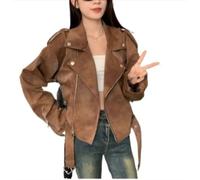 Goolecrimp Wildlederjacke für Damen Vintage Mode lässige Revers Krawatte Kurze Jacke Elegante Klassische Business Büro Langarm Herbstjacke (Braun,S)