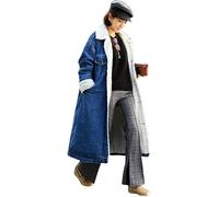 Goolecrimp Winddichte Lange Jeansjacke für Damen im Winter mit Sherpa-Futter mittellanger wattierter Jeansmantel eleganter langärmliger Langer Jeans-Windbreaker mit geknöpftem Revers (dunkelblau,XL)