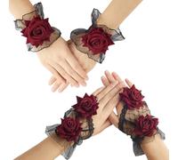 GORGECRAFT 2 Paar Fingerlose Kurze Spitzenhandschuhe Mit Rosenmotiv Handmanschetten Lolita Schwarz Für Abschlussbälle Brautjungfern Rote Blume Falsche Ärmel Gerüschtes Gothic Kostümzubehör Für Frauen