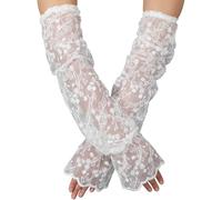 GORGECRAFT 2 Stück Weiße Spitzen Armstulpen Aus Polyester Netzgewebe Mit Gerüschtem Blumenmuster Fingerlos Abnehmbar Tüll Braut Armstulpen Für Hochzeit Event Kleid Kostüm Teeparty Damen