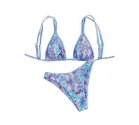 GORGLITTER Bikini Damen Set High Waist Tanga Boho Style Triangel Bikini Mit Blumen Bikinis Badeanzug Brazilian Style Bademode Swimsuit Blau L