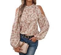 GORGLITTER Bluse Damen Langarm Elegant Schulterfrei Langarmshirt mit Blumenmuster Lässig Tunika Damenbluse mit Bishop Ärmel Shirtbluse Herbst Frühling Aprikosenfarben XL