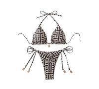 GORGLITTER Boho Style Bikini Damen Set High Waist Tanga Triangel Bikini Brazilian Style Badeanzug String Bademode Swimsuit Strandmode Khaki S