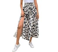 GORGLITTER Damen A-Linie Rock Elegant Elastische Taille Midirock mit Leopardenmuster Leicht Röcke Mit Schlitz A Linie Freizeitrock Lang Leorock Khaki M