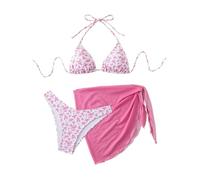 GORGLITTER Damen Bikini Set 3 Teiliger Bikini-Sets mit Blumenmuster Neckholder Badeanzug mit Cover Up Rock Swimsuit Set Rosa L