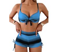 GORGLITTER Damen Bikini Set Push Up Bademode Bauchweg Badeanzug mit Badeshort Batikmuster Swimmsuits Spaghettiträger Strandmode mit Knoten Blau M