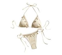 GORGLITTER Damen Bikini Sets Neckholder Triangel Bikinitop Tanga High Waist 2 Piece Bademode Zweiteiliger Swimsuits mit Dekor Beige XS