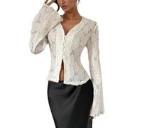 GORGLITTER Damen Bluse Elegant V Ausschnitt Langarm Oberteil Bauchfreies Top mit Knöpfen Vorn Langarmshirt mit Spitzen Blusentop mit Volant Ärmel Weiß XS