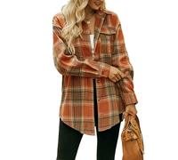 GORGLITTER Damen Bluse mit Karomuster Langarm Kariertes Hemd mit Knopfleiste High Low Shirt mit Taschen Vintage Freizeithemd Herbst Outfit Orange XL