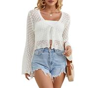 GORGLITTER Damen Bolero Strickjacke Elegant Gehäkelt Cardigan mit Schleife Vorne Strick Crop Top mit V-Ausschnitt Leicht Häkel Langarm Tops Herbst Weiß M