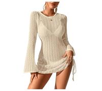 GORGLITTER Damen Cover-Up Kleid Strandkleid Sommer Spitze Gestrickte Strandponcho Langarm Badeanzug Bikini Cover Up für Urlaub Strand Beige XS