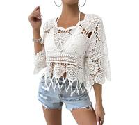 GORGLITTER Damen Cover Up Strandtop Boho Häkeltop Langarm Oberteile Rundkragen Strandbluse Locker Bikini Cover Up Durchsichtig Blusenshirt Strandmode Weiß M