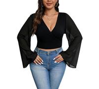 GORGLITTER Damen Curvy Bluse Elegant Meshtop Bauchfreies Oberteile mit Glockenärmeln V-Ausschnitt Langarmshirt Herbstshirt Blusentop Schwarz 3XL