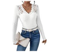 GORGLITTER Damen Elegant Oberteile Langarm Blusenshirt mit Spitze Stickerei Blusentop Casual Oberteil mit V Ausschnitt Spitzenshirt Weiß XS