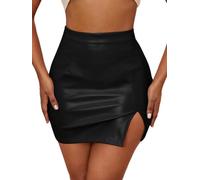GORGLITTER Damen Kurzer Lederrock Bodycon Röcke Elegant Minirock mit Reißverschluss Freizeitrock Partyrock mit Schlitz Festival Outfit Schwarz L