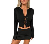 GORGLITTER Damen Langarm Tshirt Elegant Casual Y2K Langarmshirt mit Schleife Vorn Bauchfreies Oberteil Kurz Crop Top Strick T-Shirts Herbst Outfit Schwarz M
