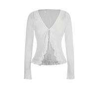 GORGLITTER Damen Langarmshirt Elegant Y2K Durchsichtig Mesh Top Slim Fit Oberteile mit V-Ausschnitt Asymmetrisch Langarm Bluse mit Rüschensaum Weiß L