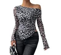 GORGLITTER Damen Langarmshirt Schulterfrei Oberteil Leopard Oberteile Langarm Shirt Damen Durchsichtig Netzoberteil mit Leopardmuster Tops Y2K Top Party Top Grau M