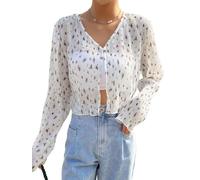 GORGLITTER Damen Leichte Strickjacke Elegant Kurz Cardigan mit Blumenmuster Bolero Tops Langarm Dünne Herbstjacke mit V-Ausschnitt Lässige Blusen Violett L