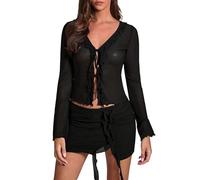 GORGLITTER Damen Mesh Oberteile Transparentes Langarmshirt mit V-Ausschnitt Durchsichtige Tshirt Langarm Bluse mit Knoten Vorn Netz Oberteil Schwarz M