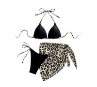 GORGLITTER Damen Neckholder Bikini Set mit Cover Up Rock 3 Teiliger Badeanzug Leoprint Triangel Bademode Sommer Strand Swimsuit Set Leoparden S
