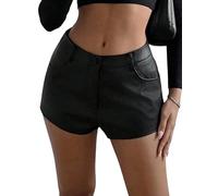 GORGLITTER Damen PU Leder Shorts mit Taschen Minishorts Kunstleder Kurze Lederhose mit Reißverschluss Streetwear Festival Outfit Schwarz L