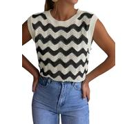 GORGLITTER Damen Pullunder Ärmellos Gestreift Strickpulli Häkel Weste Strickweste Rundhals Stricktop Leicht Strickpullunder Tanktop Schwarz und Weiß M