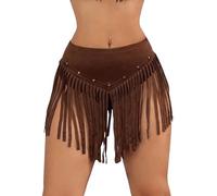 GORGLITTER Damen Rock Drop Waist Fransenrock Reißverschluss Sommerrock Ausgestellt Partyrock Tülle Öse Minirock Rivet Kurzrock Western Music Festival Outfits Braun S