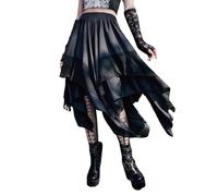 GORGLITTER Damen Rock Goth Midirock mit Spitze Patchwork Asymmetrische A Linie Röcke Hohe Taille Sommerrock Elastische Taille Damenrock Schwarz M