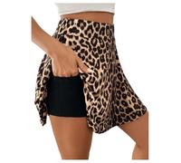 GORGLITTER Damen Rock Mit Hose Drunter Minirock Mit Taschen Sommerrock Leicht Und Luftig Hosenrock Kurz Sportrock 2 In 1 Rock Freizeitrock Skort Leo XS