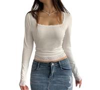 GORGLITTER Damen T Shirt Elegant Langarmshirt mit Spitze Freizeitshirt Crop Langarmtop U Ausschnitt Slim Fit Oberteil Herbst Weiß XS