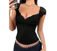 GORGLITTER Damen T-Shirt Sommer Herzausschnitt Oberteil Kurzarm Shirts Mit Spitze Casual Outfit Slim Crop Top Sommertop Schwarz XS