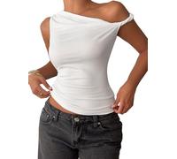 GORGLITTER Damen Tank Top Elegant Y2K Ärmellos Oberteil Schulterfreie Sommer Tops Slim Fit Basic Crop Top One Shoulder Damentop Weiß S