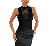 GORGLITTER Damen Tank Top mit Spitze Elegant Ärmellos Oberteil Spitzetop Party Outfit Tanktop Freizeittop Clubwear Drapiertes Tops