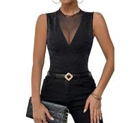 GORGLITTER Damen Top Glitzerndem Mesh Patchwork Sommertop Ärmelloses Blusentop Rundkragen Oberteile Elegant Partytop Sommer Tanktop Casualtop Freizeittop Meshtop Schwarz S