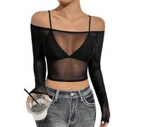 GORGLITTER Damen Top Schulterfreie Oberteile Langarm Meshtop Bauchfreies Sommertop Durchsichtig Tops Sommer Blusenshirt Mesh T-Shirt Freizeit Crop-Top Schwarz XS
