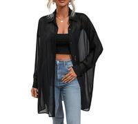 GORGLITTER Damen Transparente Bluse Chiffon Sommer Hemdbluse Longbluse | Transparente Bluse Damen, Hemd Damen Sommer, Bluse Damen, Button Down, Oversized Hemdshirt Damen