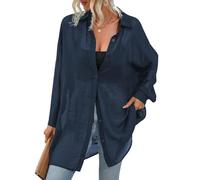 GORGLITTER Damen Transparente Bluse Mesh Hemdshirt Button Down Locker Oberteil Lange Chiffonbluse Hemdbluse ohne BH Dunkelblau XL