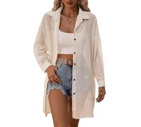 GORGLITTER Damen Transparente Bluse Mesh Sommer Top Longbluse Hemdbluse Button Down Chiffonbluse Oversize Hemdshirt Aprikosenfarben XL