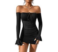 GORGLITTER Figurbetontes Kleid Damen Elegant Schulterfreies Kleid Langarm Kleid Mit Rüschen Sexy Minikleid Kurz Schwarz S