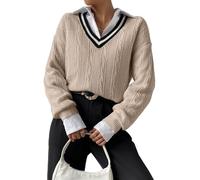 GORGLITTER Gestreifter Pullover Damen Strick Winterpullover Strickpulli Mit V Ausschnitt Strickpullover Old Money Style Grobstrickpullover Sweater Herbst Outfit Khaki S